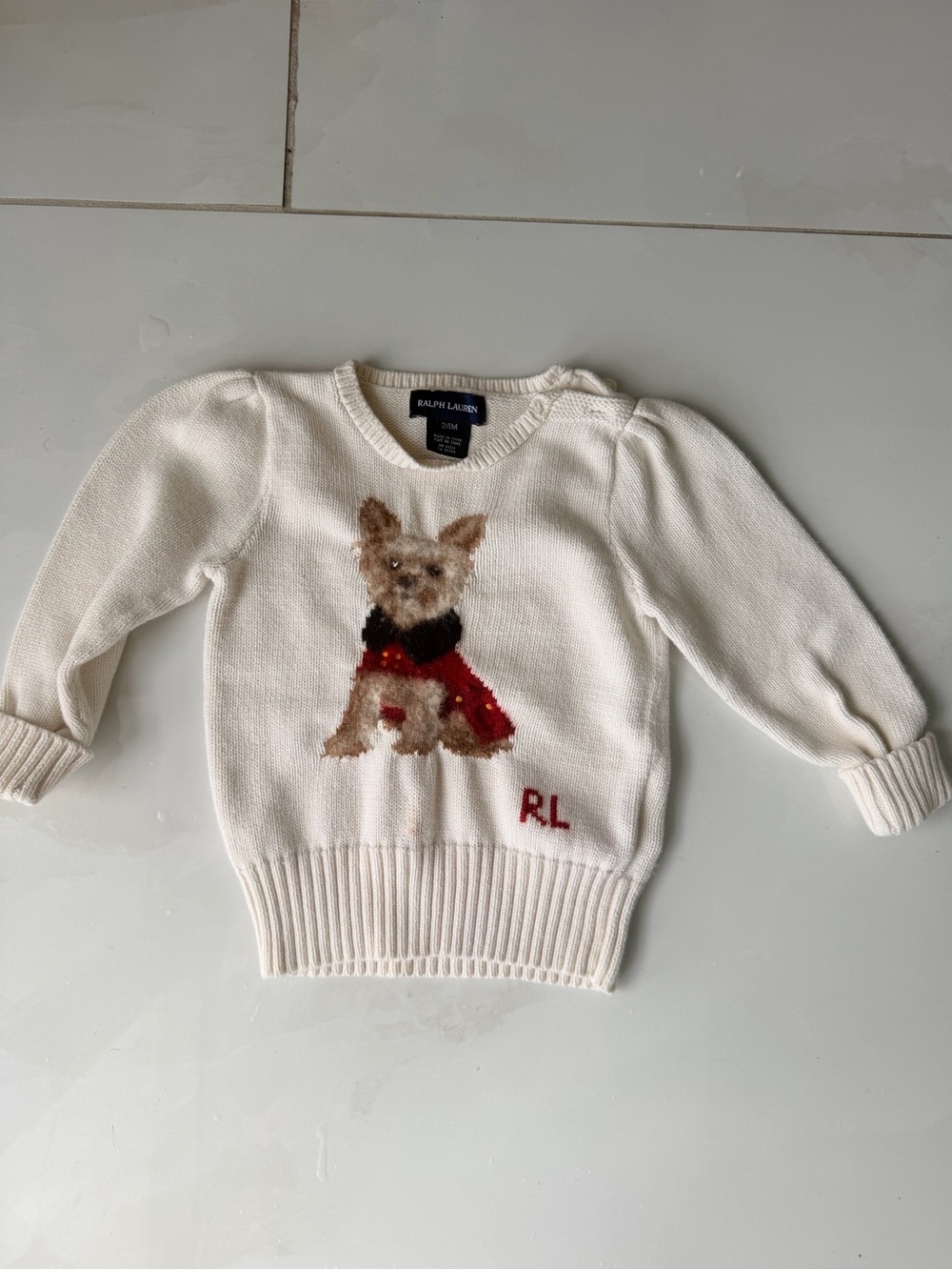 Ralph Lauren Cream Knit Sweater with Dog Motif and Red Accent